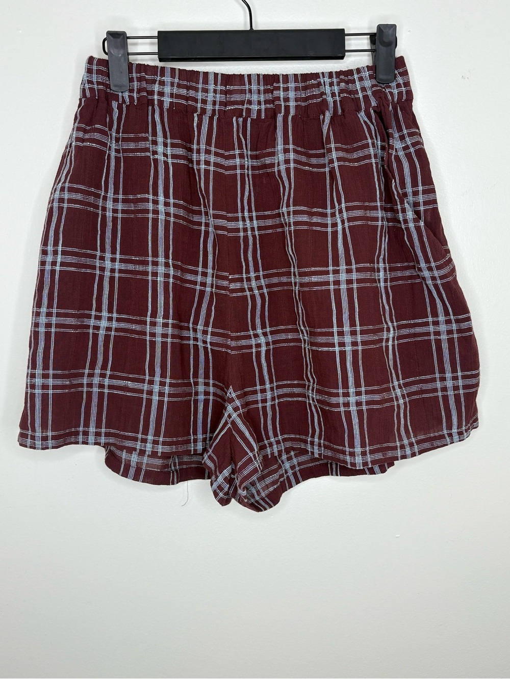 Free People Maroon Plaid High-Waist Shorts